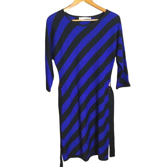 Trina Turk Knit Merino Wool Sweater Dress Belted Diagonal Striped Blue Black - Picture 1 of 5
